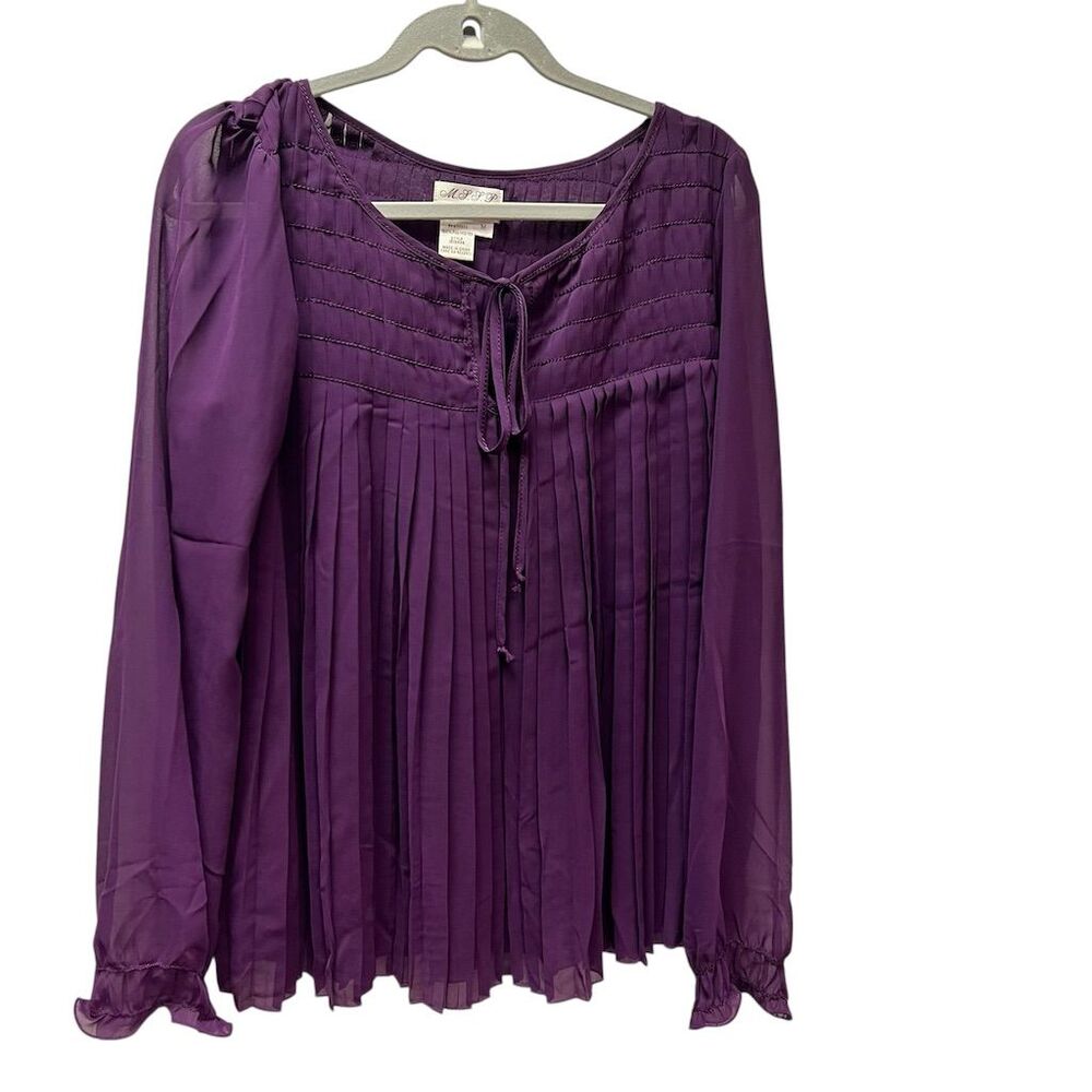 MSSP Women's Purple Pleated Blouse Size M Long Balloon Sleeve with Ruffle
